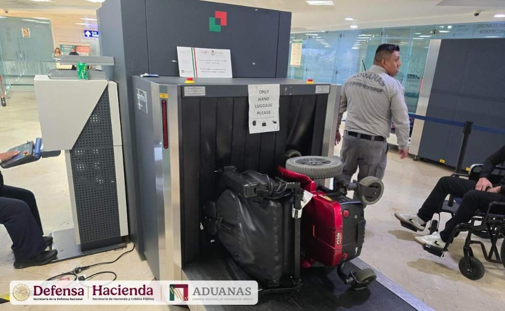 Aseguran 12 kilos de cocaína ocultos en silla de ruedas en Aeropuerto de Cancún (02/07/2026). Foto: Especial