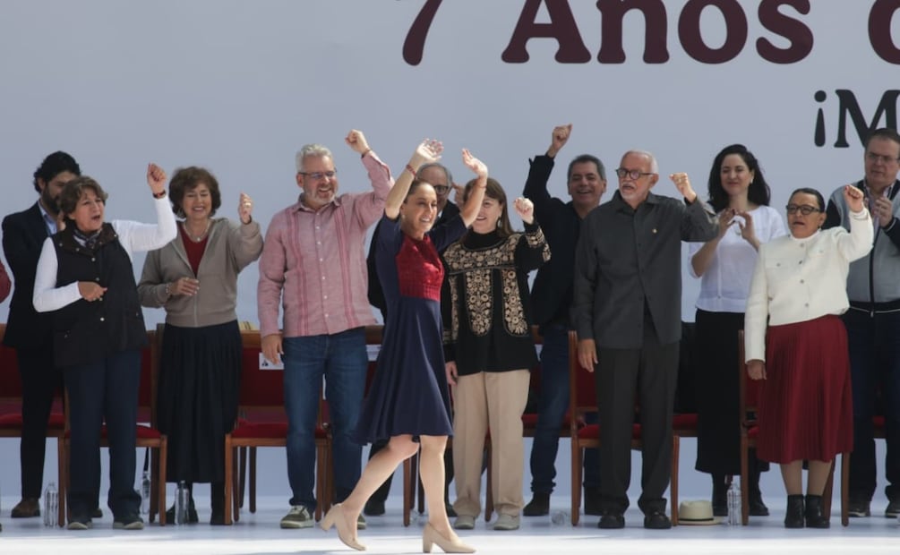 La presidenta de México Claudia Sheinbaum Pardo dando su mensaje en el evento "7 años de Transformación" en el Zócalo de la CDMX (06/12/2025). Foto: Carlos Mejía / EL UNIVERSAL