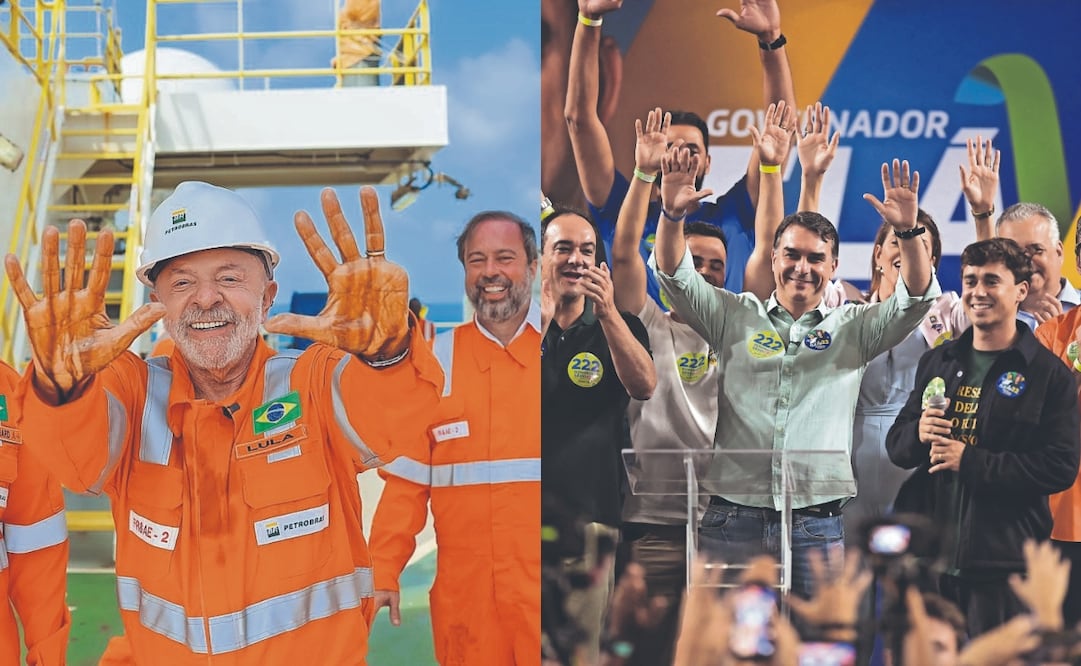 El presidente de Brasil, Luiz Inácio Lula da Silva durante una visita a la plataforma de perforación NS-42 de Petrobras, en el estado de Amapá, y El senador y candidato presidencial de derecha Flavio Bolsonaro, durante un mitin en el Mackenzie Esporte Clube de Belo Horizonte, Brasil. Fotos: EFE y Gledston Tavares/ AFP