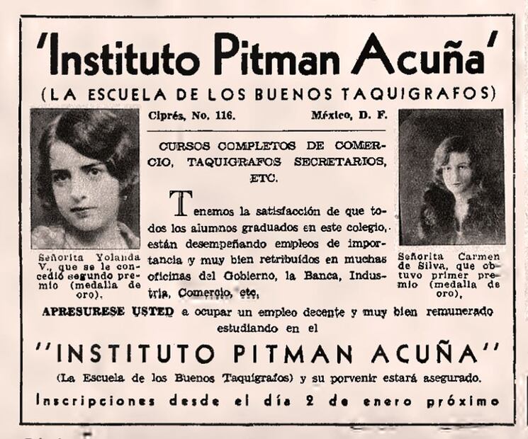 Las escuelas especializadas en la enseñanza de la taquigrafía tuvieron mucha presencia durante la primera mitad del siglo XX. Este anuncio de una escuela que ofrecía cursos de taquigrafía y secretariado se encontraba en las páginas de la revista "El Universal Ilustrado" en 1928. Foto: Hemeroteca EL UNIVERSAL.