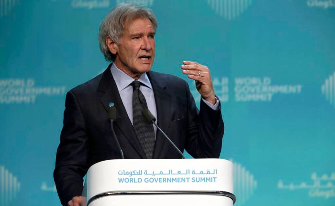 Harrison Ford en la clausura de la Cumbre Mundial de Gobierno en Dubái. Foto: AP