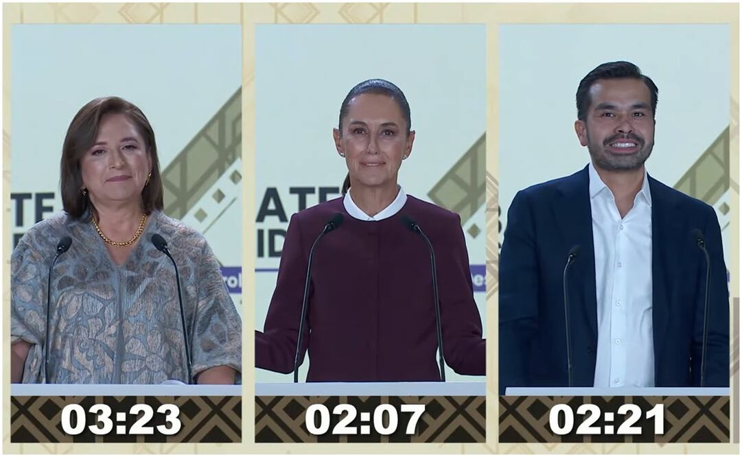 Xóchitl Gálvez, Claudia Sheinbaum y Jorge Álvarez Máynez en el segundo debate. Foto: Captura de pantalla