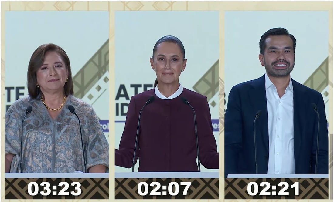 Xóchitl Gálvez, Claudia Sheinbaum y Jorge Álvarez Máynez en el segundo debate. Foto: Captura de pantalla