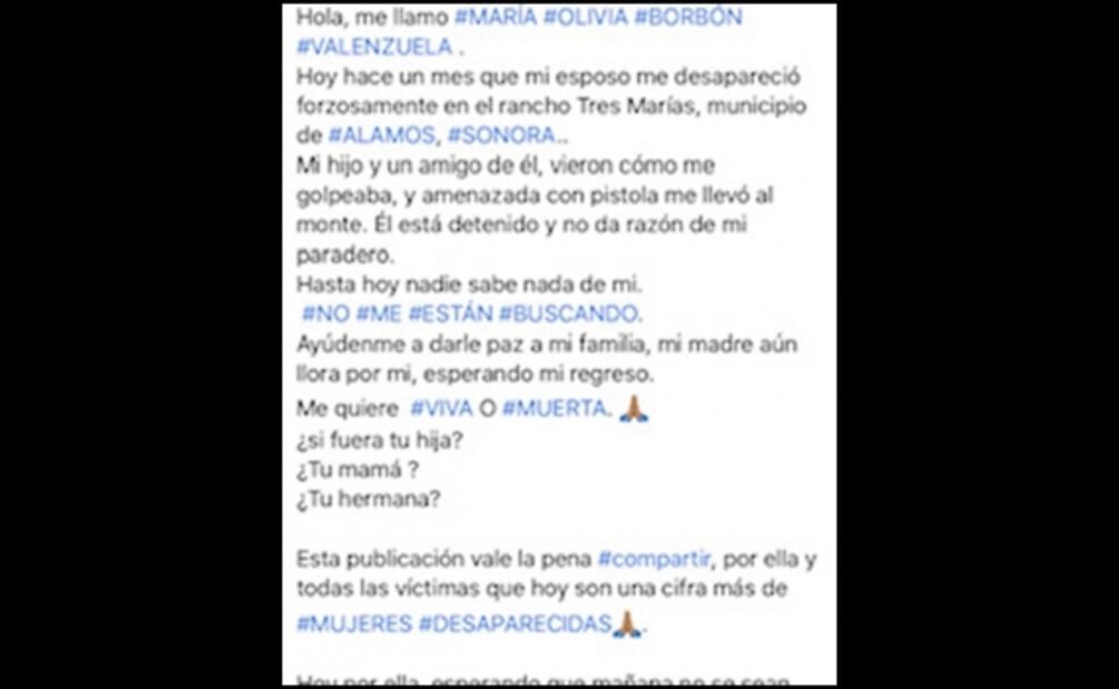 Buscan a María Olivia en Sonora; esposo es el principal sospechoso por la desaparición