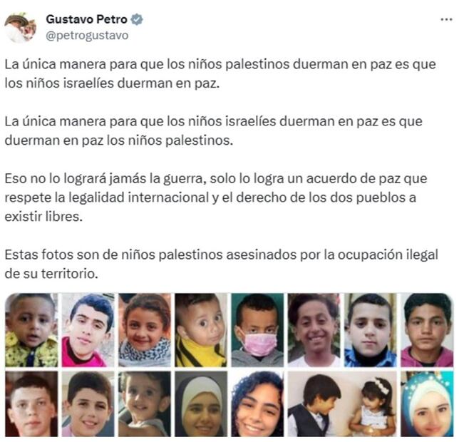 El presidente de Colombia, Gustavo Petro, publicó el 7 de este mes en X varias fotografías de infantes palestinos a los que identificó como asesinados por la “ocupación ilegal” de Israel de Palestina. Foto: tomada de X
