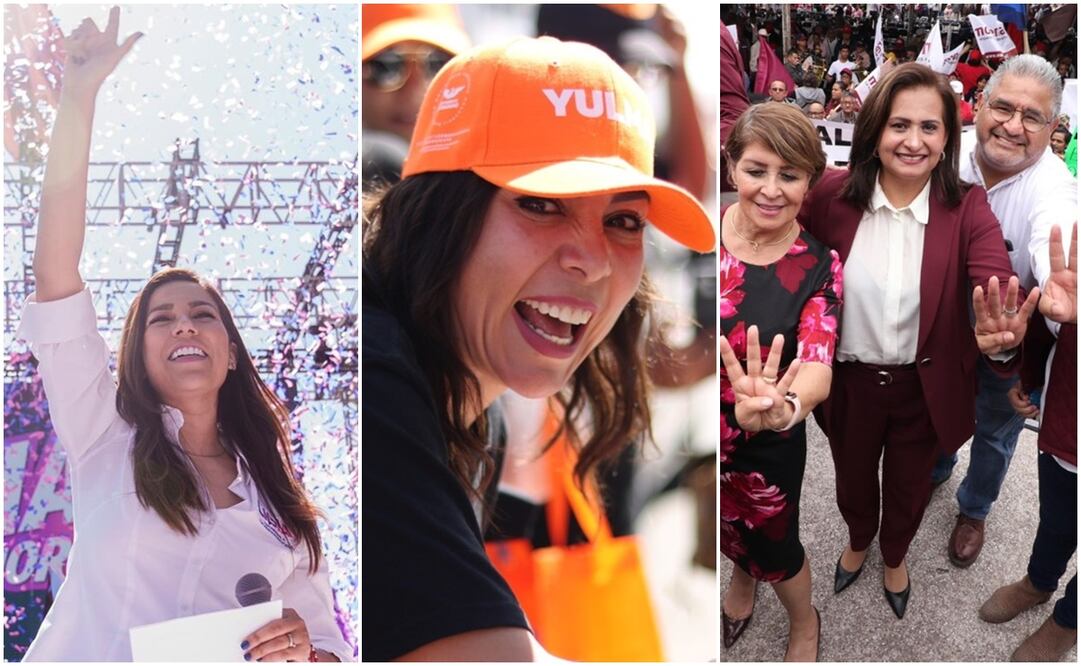 Libia Dennise García Muñoz Ledo, precandidata a la gubernatura de Guanajuato por PAN-PRI-PRD; Yulma Rocha Aguilar, precandidata por Movimiento Ciudadano, y Elma Eduwiges Alcaraz Hernández, precandidata por Morena-PT-PVEM. Foto: Especial.