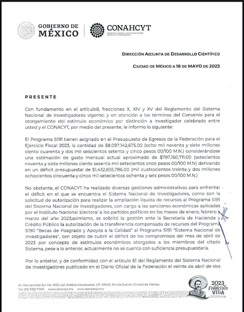 Documento del Conahcyt, fechado el 18 de mayo, en el que informa que rescinde del convenio por el que otorga estímulos a varios miembros del SNI, en sólo cinco días hábiles luego de recibido el documento. La notificación fue enviada por correo electrónico a un número desconocido de investigadores, Foto: Especial