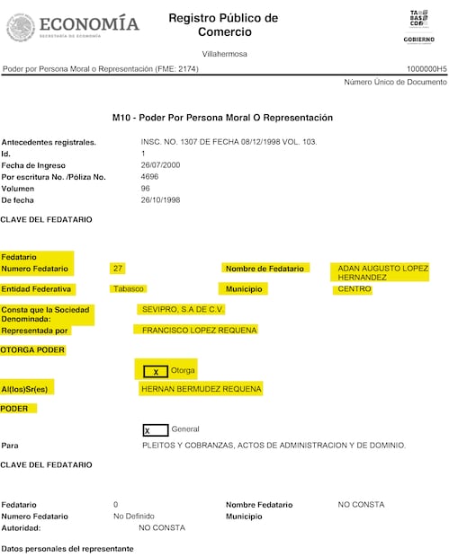 En los documentos del Registro Público del Comercio se pueden encontrar los movimientos y vínculos de las cinco empresas con las que está relacionado el exsecretario de seguridad de Tabasco. Aparecen los nombres del exfuncionario identificado como líder de La Barredora, y el del notario Adán Augusto López Hernández.