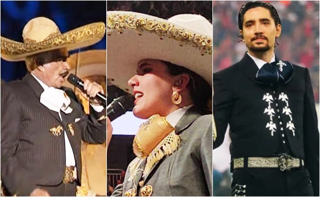 Vicente Fernández y sus nietos; Alex y Camila, son algunos integrantes de la familia que han interpretado el Himno Nacional en eventos deportivos multitudinarios. 
Fotos: Especial