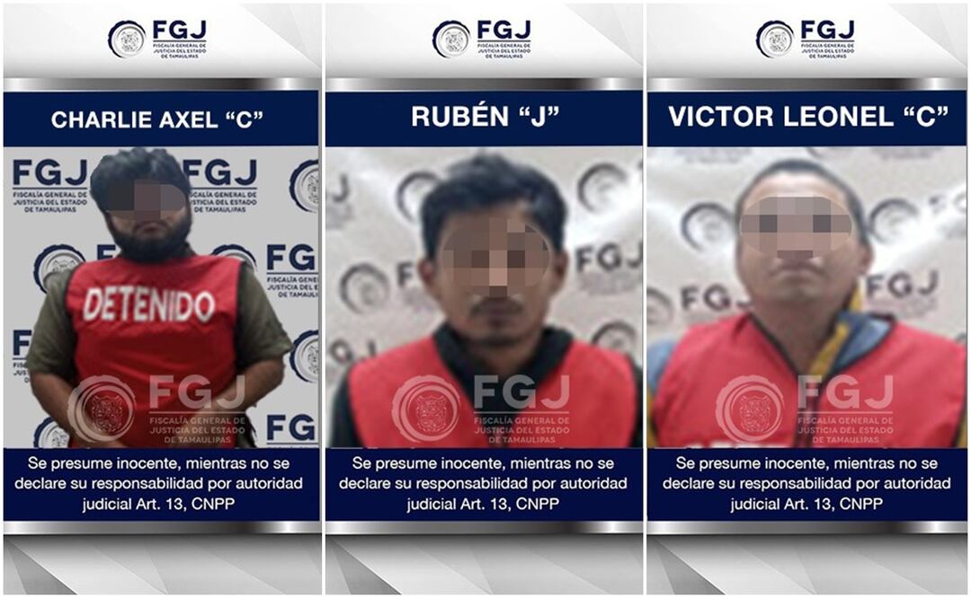 Charlie Axel “C”, Rubén “J” y Víctor Leonel “C” son acusados por el delito de Secuestro Agravado en Tamaulipas (5/12/2024). Foto: Especial