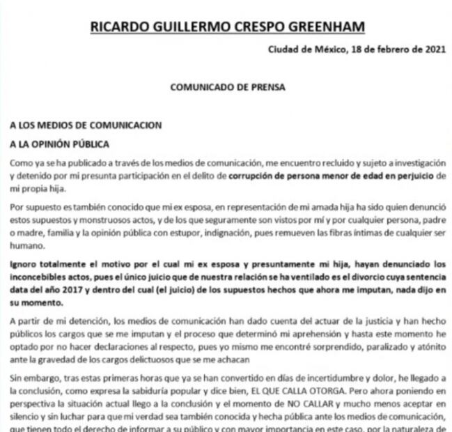 Ricardo Crespo rompe el silencio, luego de ser detenido por presunto abuso sexual a su hija