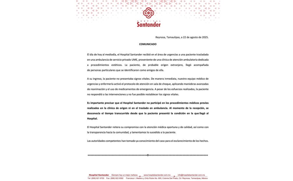 El Hospital Santander dió a conocer que recibieron en el área de urgencias a una paciente trasladada en una ambulancia de servicio privado UME, proveniente de una clínica de atención ambulatoria dedicada a procedimientos estéticos. Foto: Especial