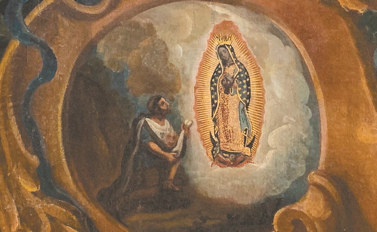 Medallón con una escena de las apariciones de la Virgen de Guadalupe. Lienzo atribuido a Manuel Osorio que se expone en la muestra Símbolo y reino. Foto: CORTESÍA MUSEO NACIONAL DE ARTE