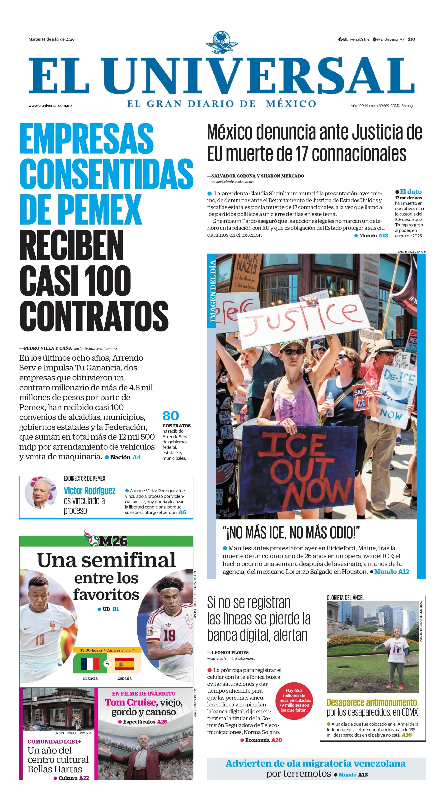 Portada impresa del 14 de julio de 2026