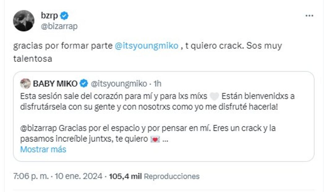 Tweet de Bizarrap a Young Miko. / Foto: Captura video.