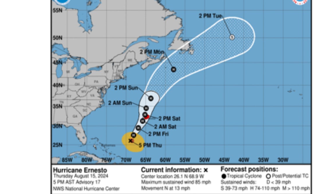 Huracán Ernesto podría arribar a las Bermudas este viernes o fin de semana. Foto: Captura de pantalla del Centro Nacional de Huracanes