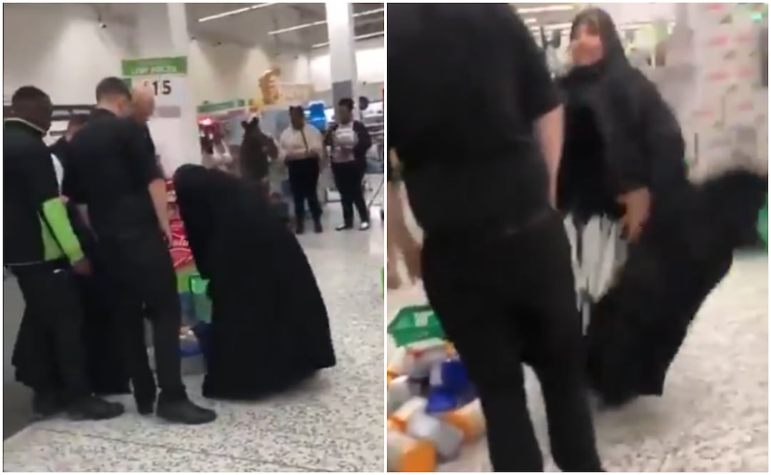 Una mujer musulmana fue sorprendida robando diversos artículos de un supermercado en Reino Unido, los llevaba escondidos debajo de su burka. Foto: X