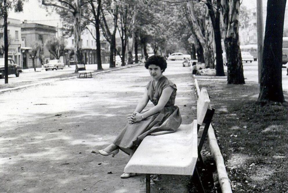 Una fotografía de 1956 en la que figura la señorita Carmen Villaseñor cómodamente sentada en una de las bancas situadas en el camellón de la avenida Alvaro Obregón, entre las calles de Tonalá y Jalapa, en la colonia Roma. Imagen cortesía: Gabriela Soto Villaseñor