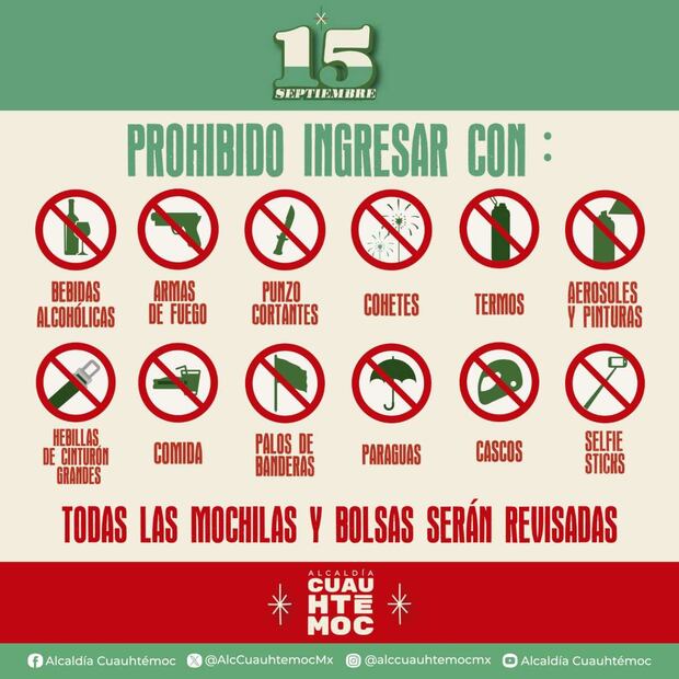 Objetos prohibidos durante celebraciones del 15 de septiembre en la alcaldía Cuauhtémoc (14/09/2025). Foto: X @AlcCuauhtemocMx