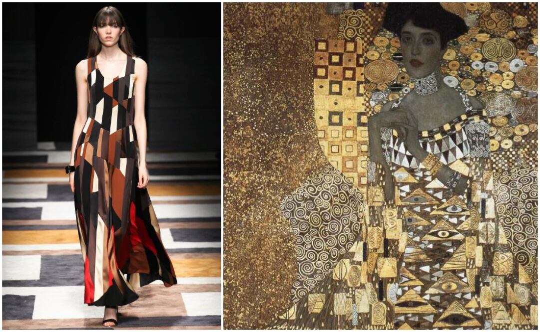 Vestido largo en corte A cuyas figuras recuerdan al Retrato de Adele Bloch-Bauer I, también conocida como La dama dorada, del pintor Gustav Klimt