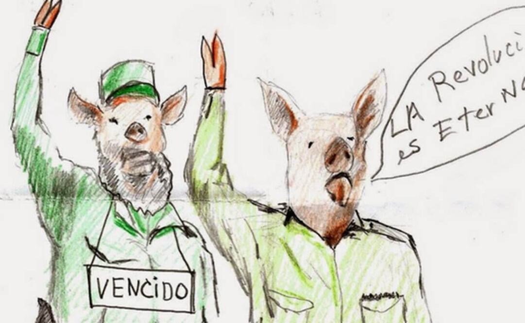 Maldonado dibujó a dos cerdos con los nombres de Raúl y Fidel en su versión de Rebelión en la Granja, crítica al régimen cubano por la que fue encarcelado en diciembre pasado. FOTO: Delsexto.blogspot.mx