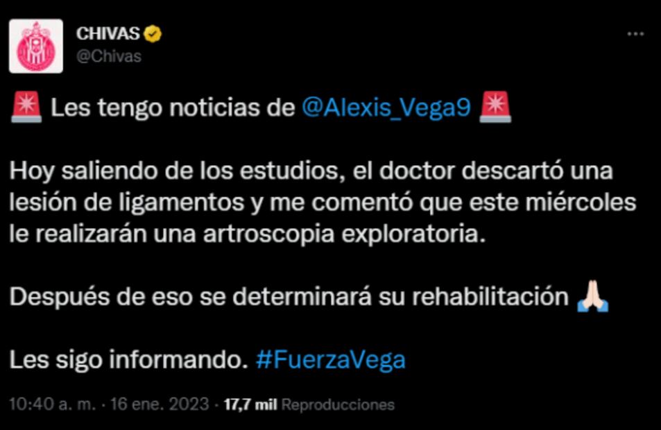 Chivas revela primeros detalles sobre la salud de Alexis Vega 