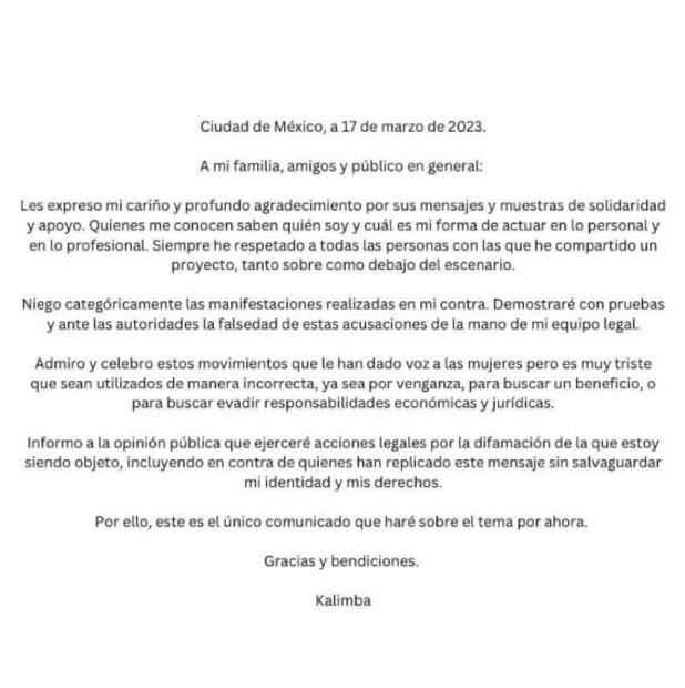 Kalimba niega acusaciones de abuso sexual de Melissa Galindo: "ejerceré acciones legales por la difamación"