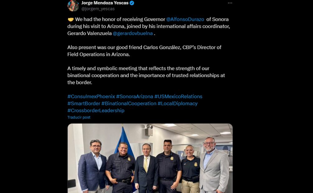 Gobernador de Sonora, Alfonso Durazom es recibido por Cónsul de México en Phoenix, Arizona EU (26/06/2025). Foto: Especial