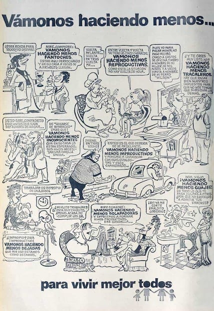 Anuncio de “Vámonos Haciendo Menos”, marzo 1975. Para el 2025, México registró un crecimiento de población anual de 0.8%, con menos de un millón 700 mil nacimientos. Foto: Hemeroteca EL UNIVERSAL.