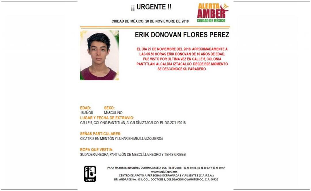 Erik Donovan fue reportado como desaparecido hace unos días. Foto: Procuraduría capitalina