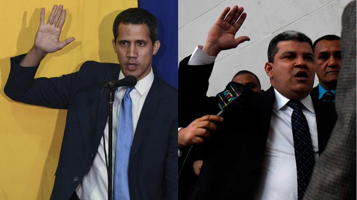 Juan Guaidó y Luis Parra juramentando como presidentes de la Asamblea Nacional de Venezuela en dos sesiones diferentes (Foto: Getty Images)