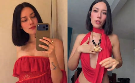 Exviolinista de Nodal reaparece con vestido rojo de impacto y un enorme anillo desata polémica