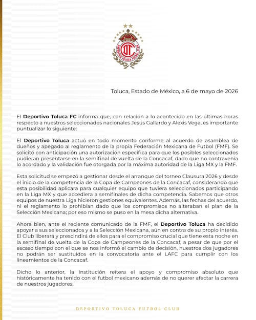 Comunicado de Toluca - Foto: @TolucaFC en X