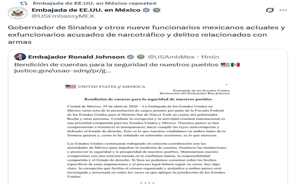 Gobernador de Sinaloa y otros nueve funcionarios mexicanos actuales y exfuncionarios acusados de narcotráfico y delitos relacionados con armas. Foto: Captura de pantalla X USEmbassyMEX