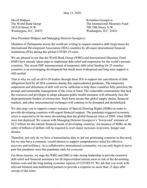 Legisladores del mundo piden al FMI cancelar deuda de sus países