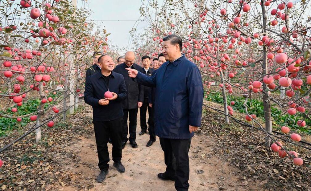 Xi Jinping conversa con un aldeano en un huerto de frutas en la aldea de Nangou de Yan'an, en la provincia noroccidental china de Shaanxi, el 26 de octubre de 2022. (Xinhua/Yan Yan)