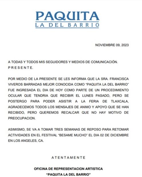 Con este mensaje, el equipo de Paquita la del Barrio negó que la cantante se encuentre grave de salud. Foto: Cortesía