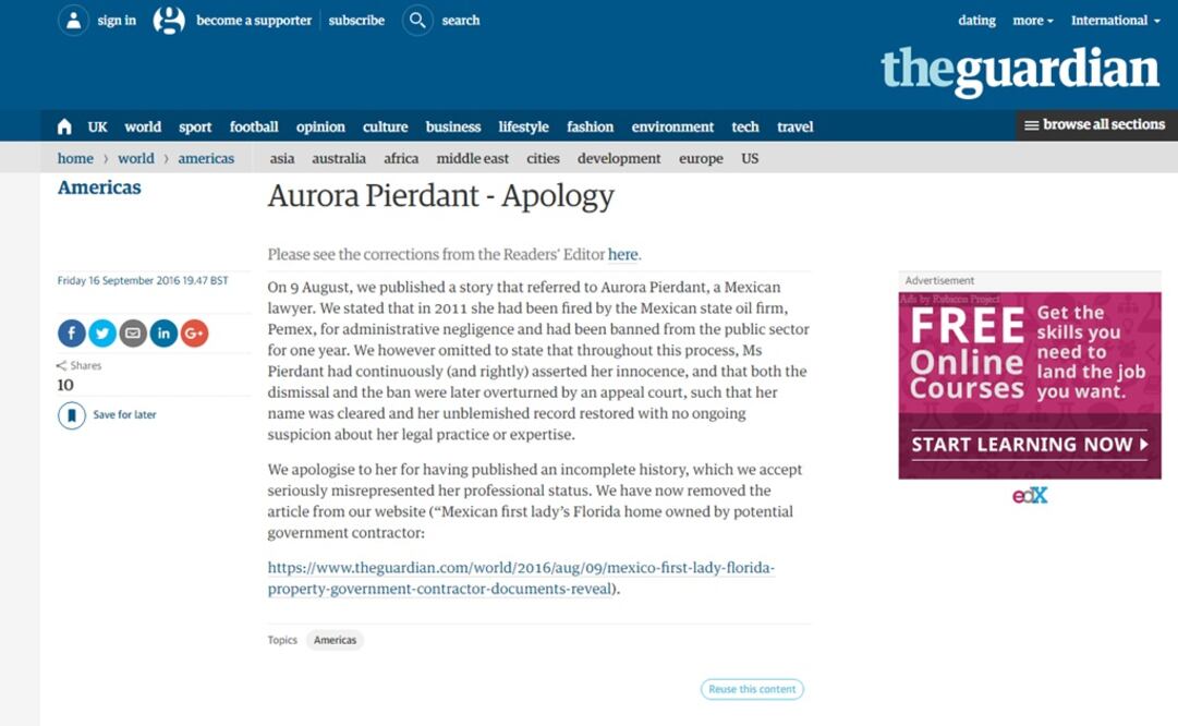 The Guardian se disculpa con Aurora Pierdant