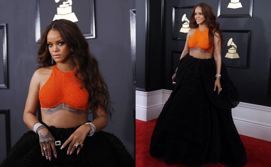 Rihanna también causó revuelo con su vestido Armani Privé para los Grammy  FOTO:EFE Y REUTERS