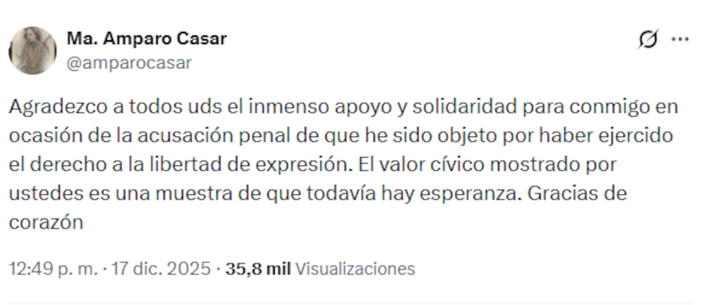 María Amparo Casar agradece apoyo tras acusación de la FGR por pensión vitalicia (17/12/2025). Foto: Captura de pantalla