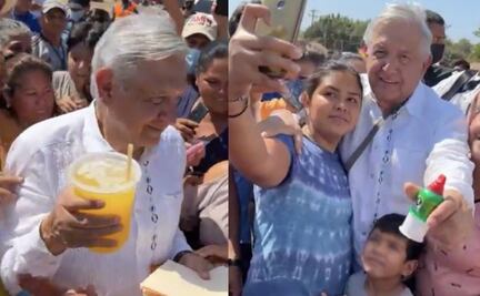 Apapachan a AMLO, le regalan dulces y un morral huichol durante su visita a Ruiz, Nayarit