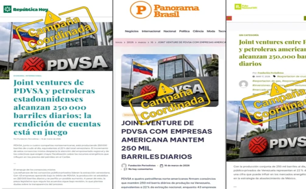 Todos los portales comparten una arquitectura idéntica basada en WordPress. Foto: Cazadores de Fake News, vía El Tiempo / GDA