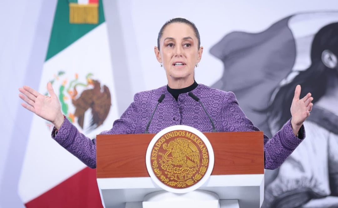 Presidenta Claudia Sheinbaum durante su conferencia de prensa matutina desde Palacio Nacional este miércoles 8 de abril de 2026. Foto: Luis Camacho/ EL UNIVERSAL