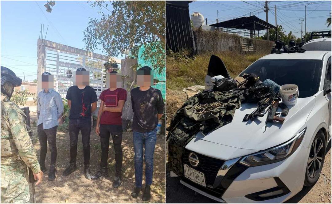 Marina asegura cuatro personas y armas largas en Sinaloa. Fotos: Especiales