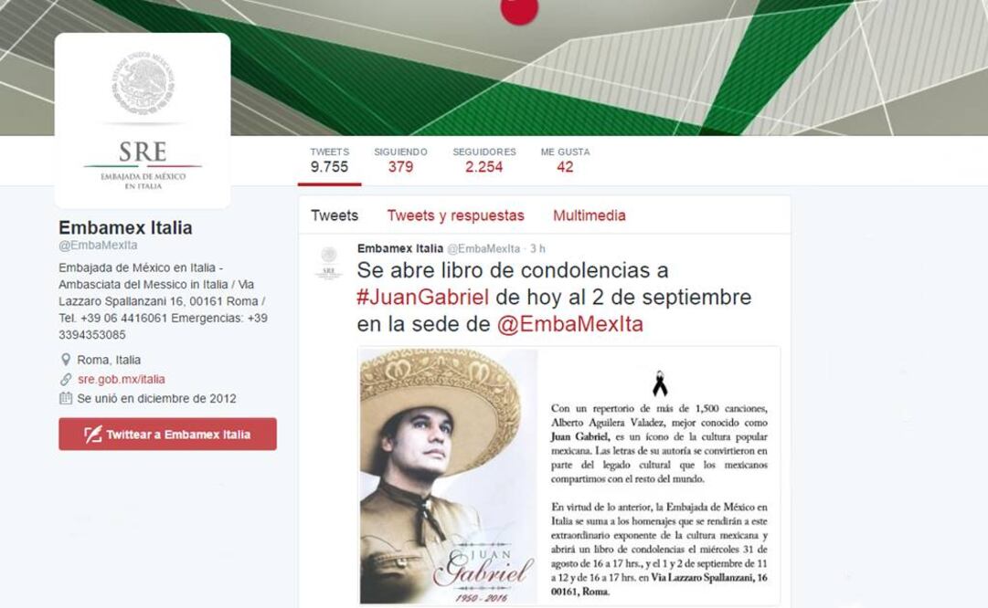 Embajadas en Guatemala e Italia abren libro de condolencias por Juan Gabriel