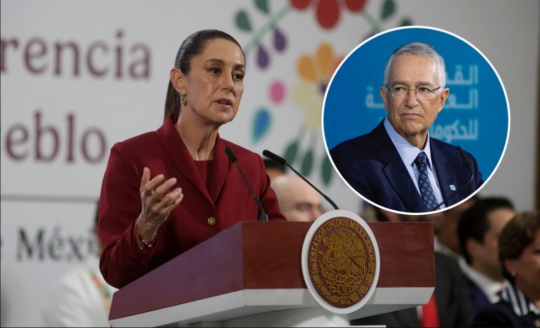 La presidenta Claudia Sheinbaum Pardo durante su conferencia mañanera del 2 de julio de 2025 y Ricardo Salinas Pliego. Fotos: Carlos Mejía/EL UNIVERSAL y tomada de la cuenta de X de @RicardoBSalinas