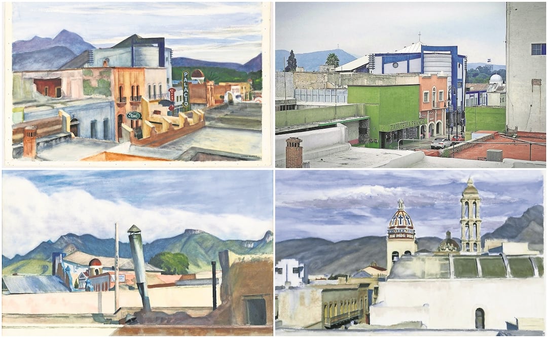 Una de las obras que Edward Hopper realizó en una de sus tres visitas a México es una en la que plasma el famoso cine Palacio, en Saltillo, que aún existe y que el investigador Alejandro Pérez fotografió para incluir en su libro Edward Hopper en el Norte de México, (UANL), que ayer presentó en la Feria Internacional del Libro de Monterrey. / En México, Hopper hizo en total 12 acuarelas —técnica que empezó a usar en nuestro país, porque pintaba más al óleo— seducido por las imponentes montañas de Saltillo, aunque también trabajó en Monterrey, Guanajuato y Oaxaca. Fotos: Libro de “Edward Hopper en el Norte de México” (Universidad Autónoma de Nuevo León)