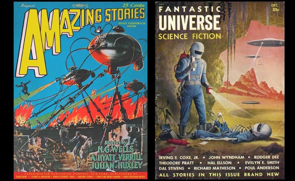 Revistas como "Amazing Stories" y "Fantastic Universe" fueron de las primeras en vender historias ilustradas sobre temas como invasiones alienígenas o expediciones al espacio. Pinterest.