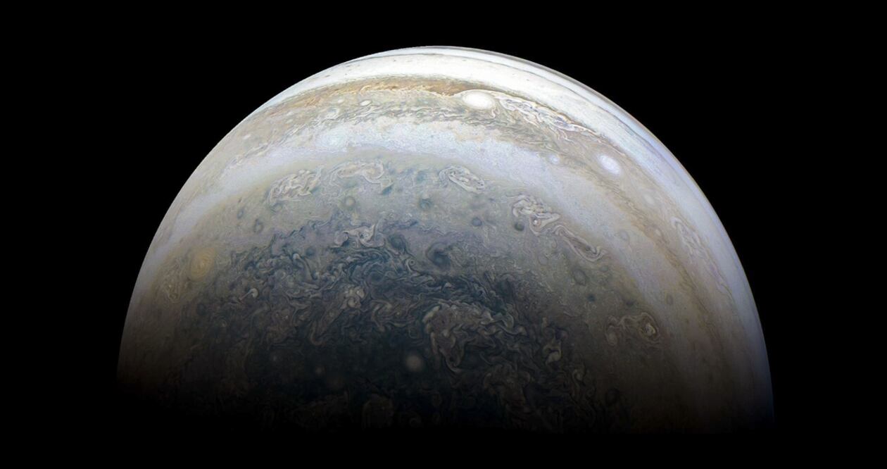 Foto del archivo de la NASA tomada el 2 de julio de 2018 que muestra el hemisferio sur de Júpiter capturado por la nave espacial Juno. Foto: NASA/JPL-CALTECH/SWRI/MSSS/KEVIN M. GILL
