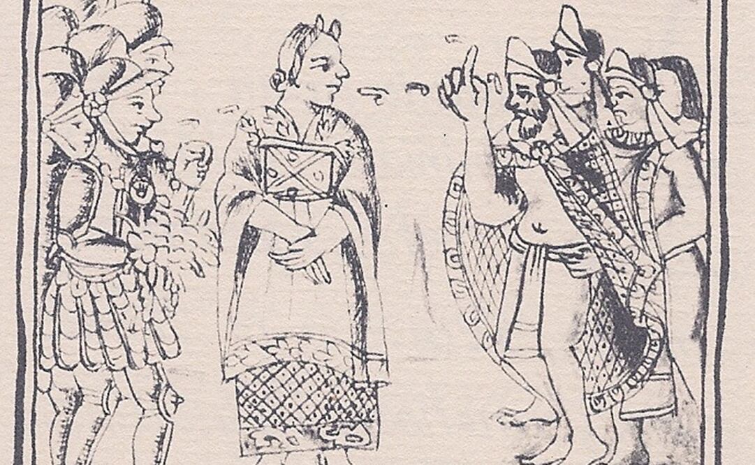 Malintzin funge como intérprete entre españoles y pueblos indígenas. Códice Florentino.